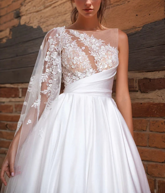 Luolandi A-Line Sweep Train Satin Wedding Dresses With Appliques Lace Elegant Floor Length
