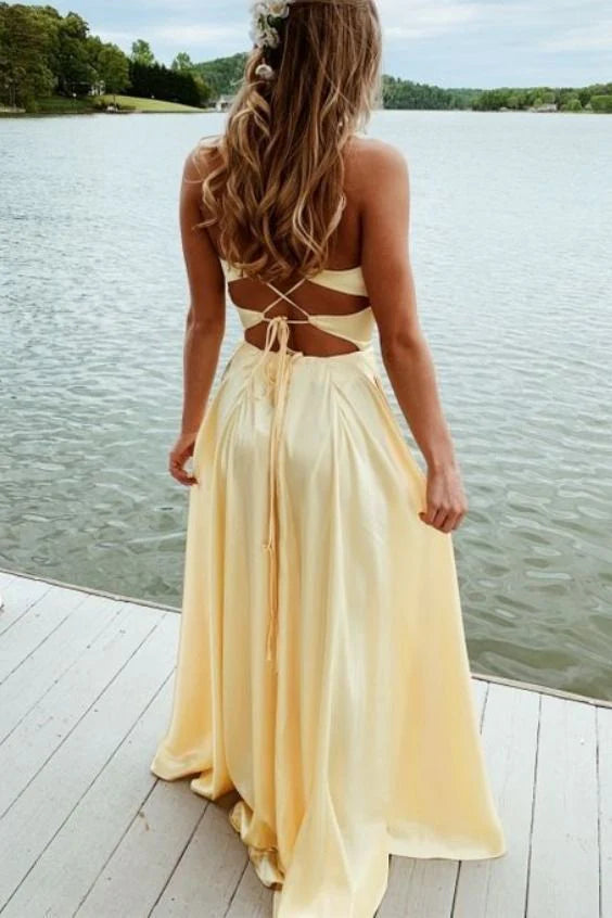 Luolandi Yellow Long Prom Dress Cross Back Simple Evening Party Dress Formal Dress