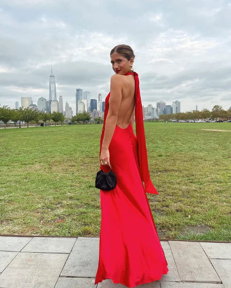 Luolandi Charming Red Halter Backless Long Prom Dress with Slit Party Dress Formal Dress