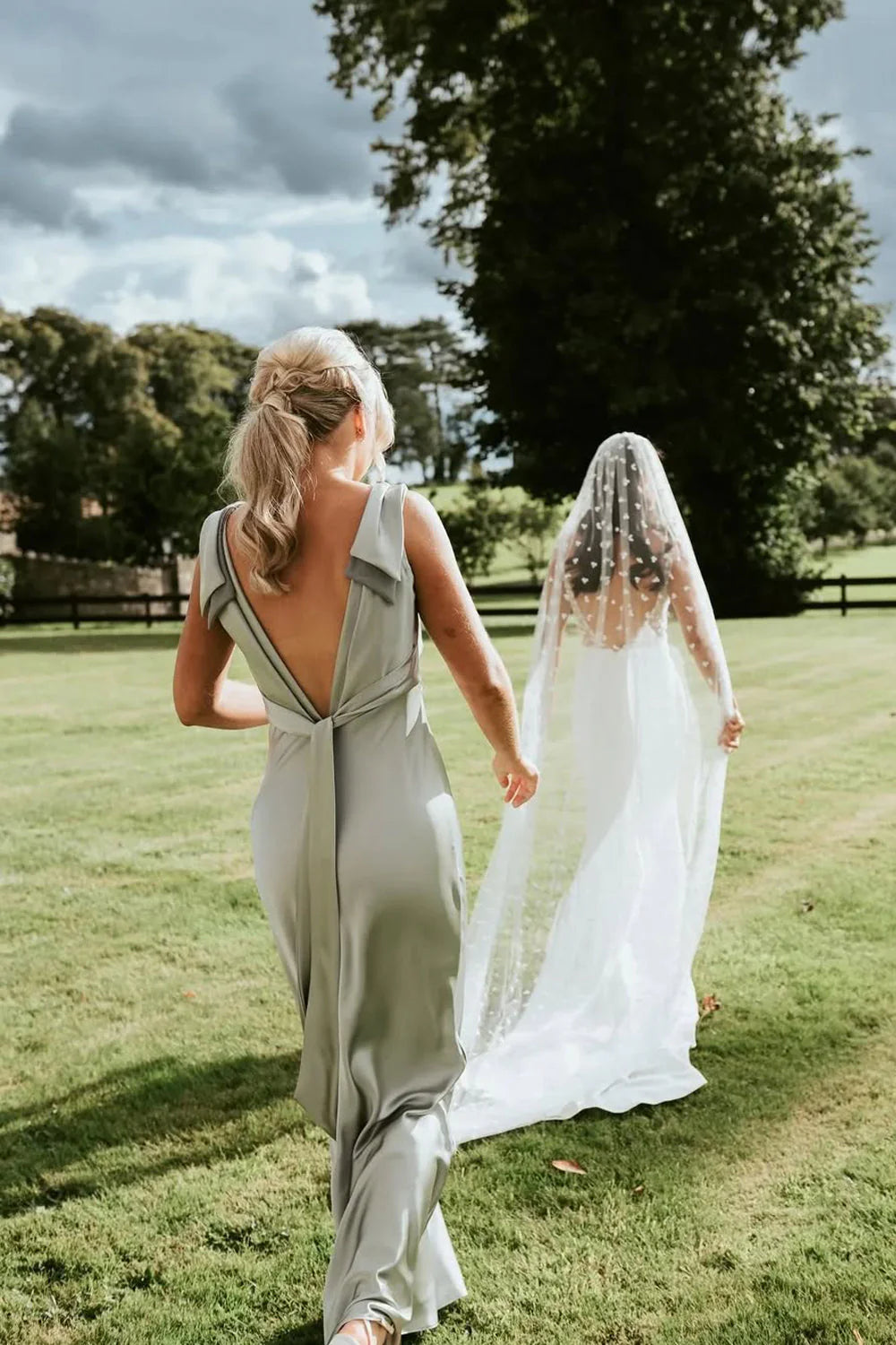 Luolandi Sheath V Neck Sage Green Silk Satin Bridesmaid Dress with Bow Charming Evening Party Dress