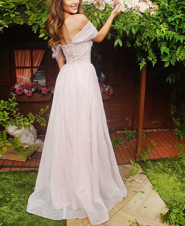 Luolandi Pale Pink Off The Shoulder Evening Dress Floor Length Elegant Prom Dress Sexy