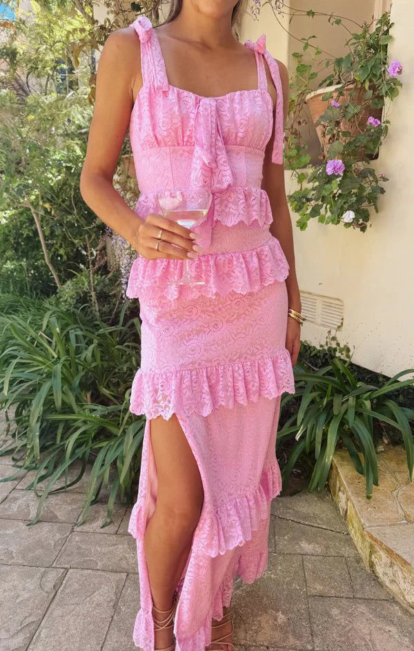 Luolandi Lovely Lace A Line Ruffles Slit Prom Dress Charming Evening Party Dress Formal Dress