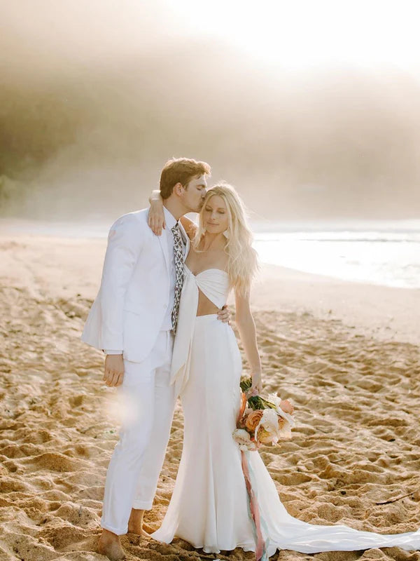 Luolandi Sexy Satin Two-pieces A-line Straight Sleeveless High-Waist Strapless Sweep Train Wedding Dresses Simple