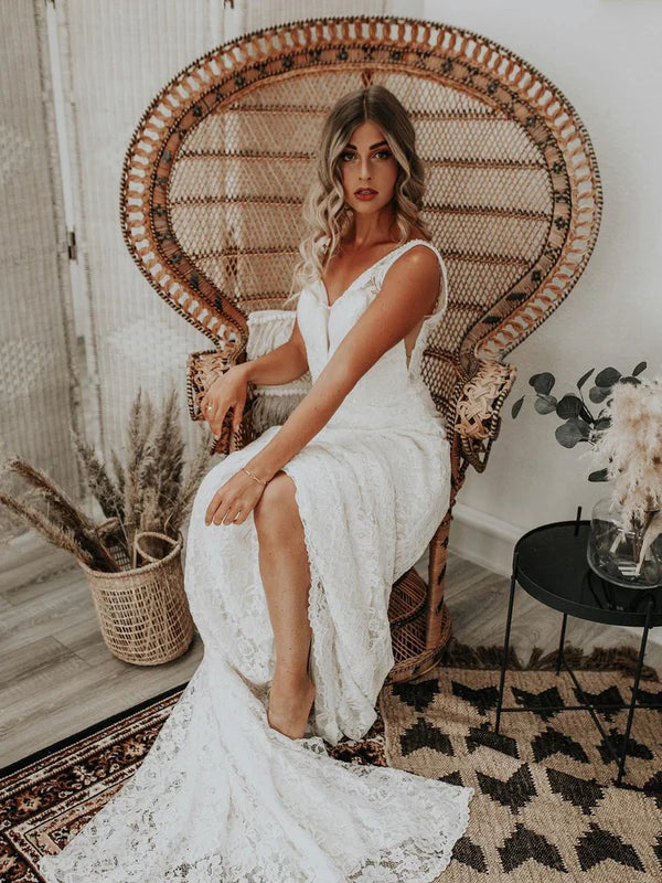 Luolandi Lace A-line Backless Chapel Train Wedding Dresses Sleeveless Bridal Gowns Elegant