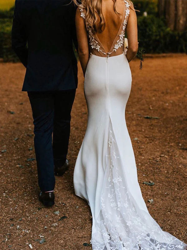 Luolandi Sexy V-neck Lace Wedding Dresses Mermaid Satin Bridal Gowns Charming