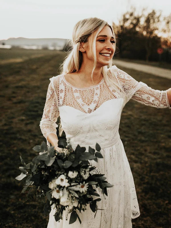 Luolandi Simple Long Sleeves Lace Backless Wedding Dresses A-line Bridal Gowns Elegant