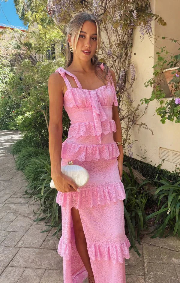 Luolandi Lovely Lace A Line Ruffles Slit Prom Dress Charming Evening Party Dress Formal Dress