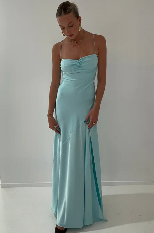 Luolandi Red A-Line Spaghetti Straps Long Prom Dress with Slit Yellow Formal Dress Simple Evening Party Dress