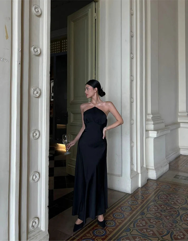 Luolandi Black Halter Backless Sexy Satin Long Evening Dress Elegant Party Dress Formal Dress