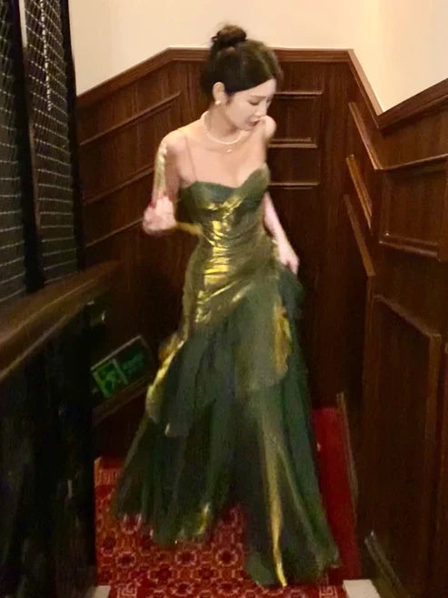 Luolandi Green Spaghetti Straps A-Line Elegant Long Party Gown Birthday Dress Evening Dress