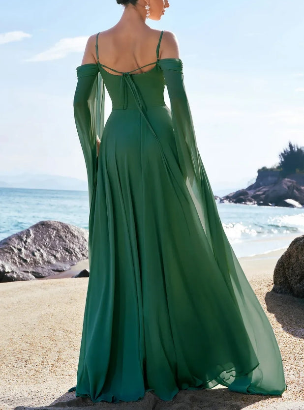 Luolandi Light Green Cold Shoulder A-Line Chiffon Watteau Train Bridesmaid Dress Charming Evening Party Dress Formal Dress