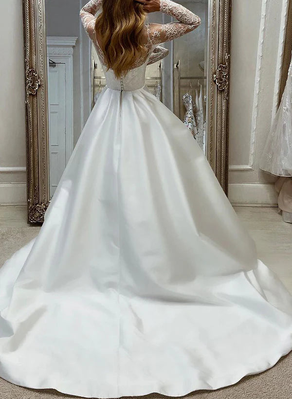 Luolandi Illusion Neck Long Sleeves Satin Wedding Dresses With Lace And Slit Floor Length Elegant