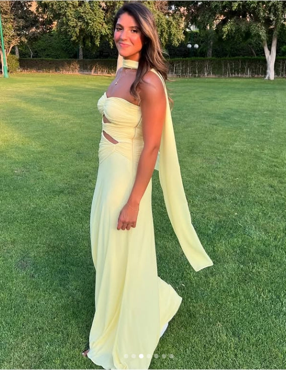 Luolandi Strapless A Line Yellow Long Prom Dress Wedding Guest Dress Charming Evening Party Dress