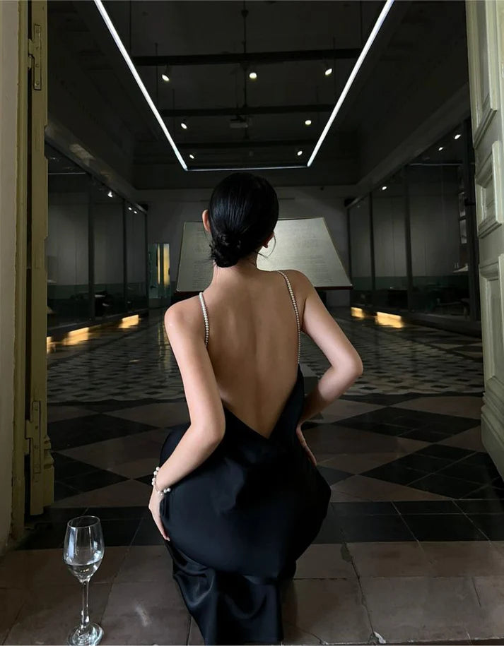 Luolandi Black Halter Backless Sexy Satin Long Evening Dress Elegant Party Dress Formal Dress