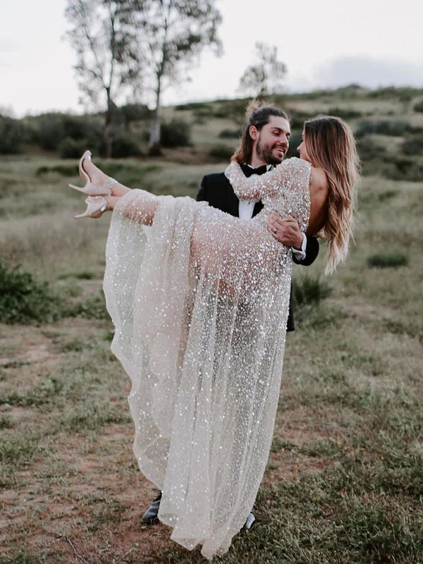 Luolandi Shining Wedding Dresses Illusion Long A-line Bridal Gowns Long Sleeves Floor Length Charming