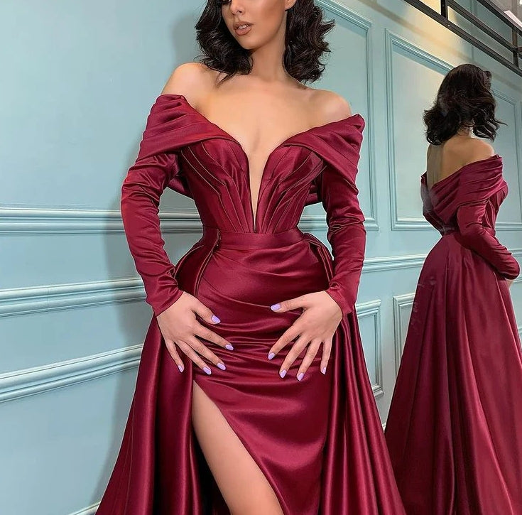 Luolandi Elegant Long Sleeves Mermaid Evening Dress Off Shoulder V-neck Floor Length Sexy Party Dress