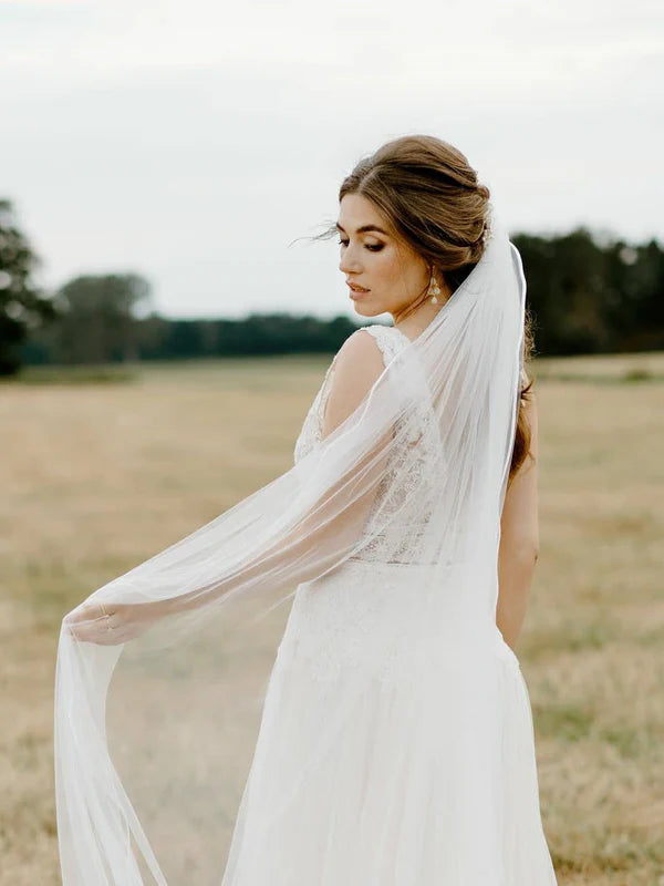 Luolandi Fabulous Tulle V-Neck A-line Sweep Train Wedding Dresses Backless Appliqued Bridal Gowns Beautiful