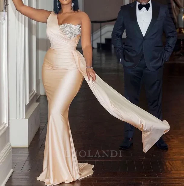 Luolandi Modest One Shoulder Sleeveless Mermaid Satin Long Prom Dress Charming Evening Party Dress
