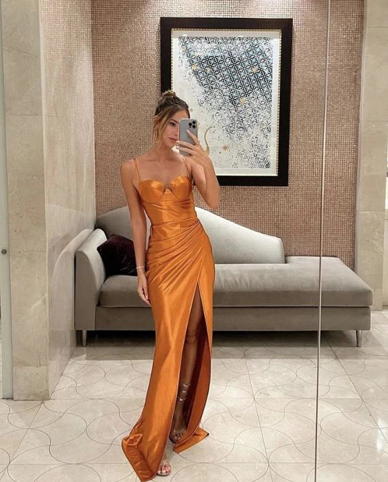 Luolandi Burnt Orange Spaghetti Straps Long Satin Formal Party Dress with Slit Sexy