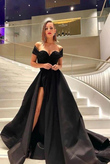 Luolandi Black A-Line Off Shoulder Sweep Train Long Prom Dress with Slit Charming Evening Dress