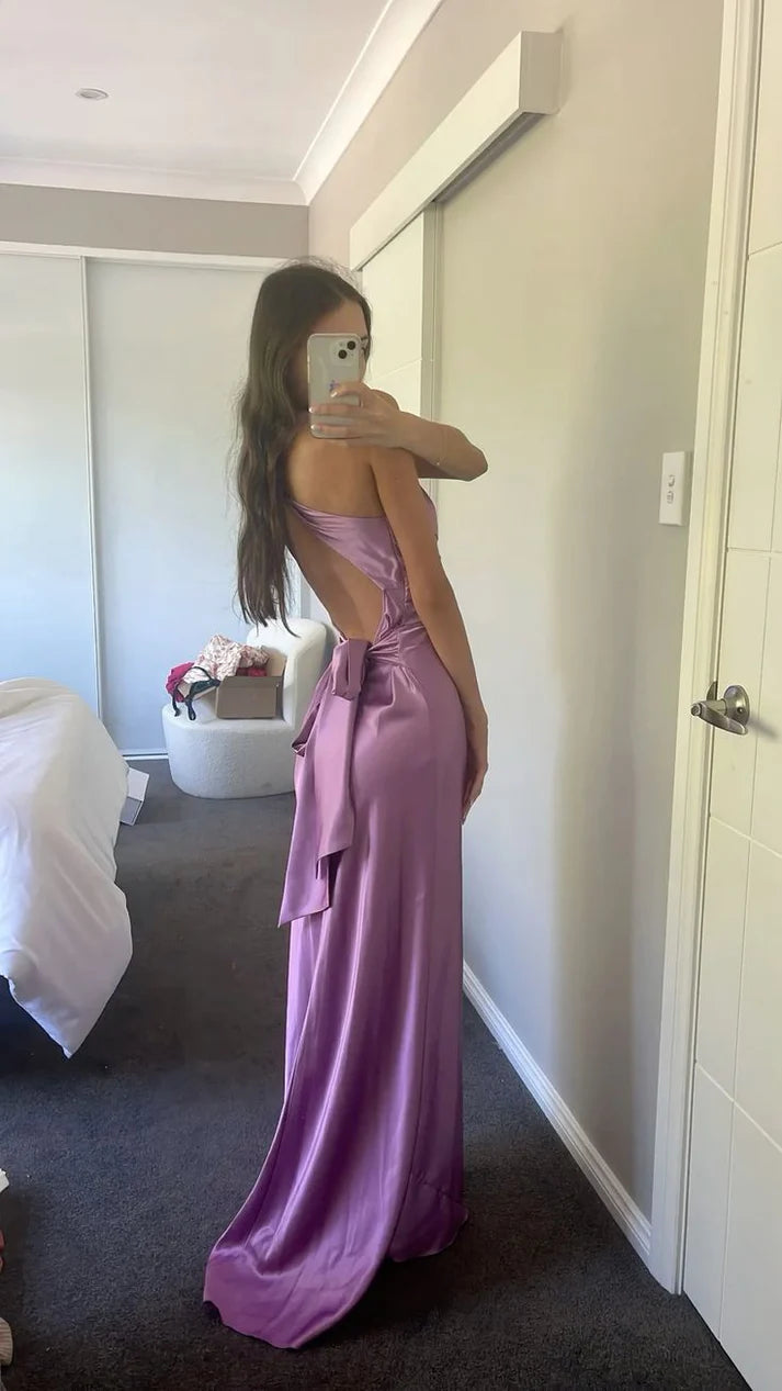 Luolandi Elegant Purple V Neck Open Back Sheath Satin Long Prom Dress Sexy Party Dress