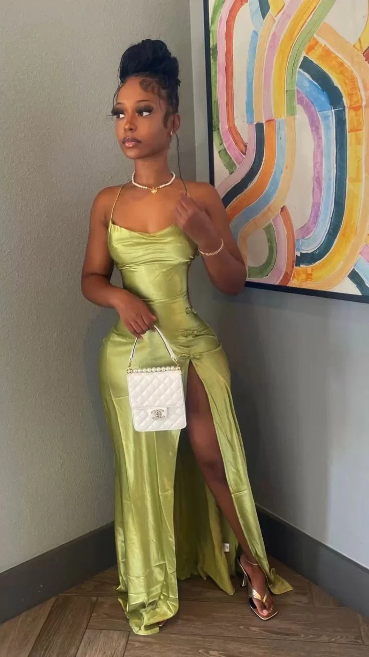 Luolandi Green Satin Long Evening Party Dress with High Split Sexy Evening Dress Formal Dress