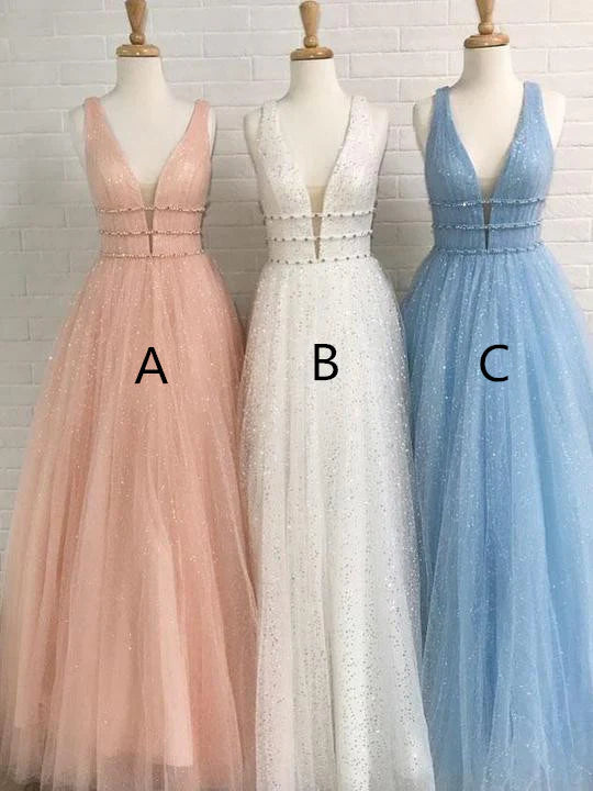 Luolandi Shining Tulle V-neck Neckline Floor-length A-line Bridesmaid Dresses With Beadings Prom Dresses