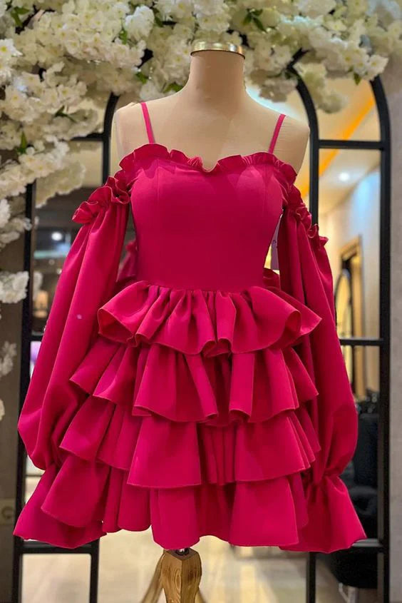 Luolandi A Line Spaghetti Straps Ruffled Layers Short Prom Dress with Sleeves Charming Homecoming Dress Lovely Graduation Dress Birthday Party Dress