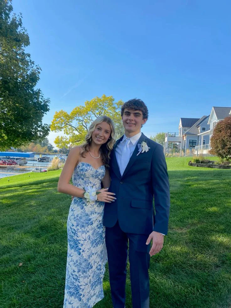 Luolandi Blue Straps Printed Sheath Party Dress Wedding Guest Dress Charming Evening Dress Formal Dress