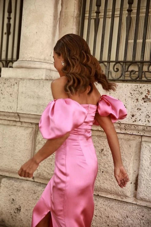 Luolandi Pink Puff Sleeves Slit Prom Dress Sweet Off Shoulder Charming Evening Party Dress