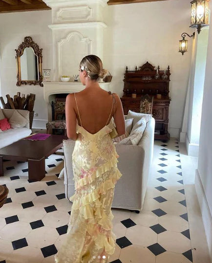 Luolandi Yellow Spaghetti Straps Ruffle Long Prom Dress with Ruffles Formal Dress Beautiful Party Dress