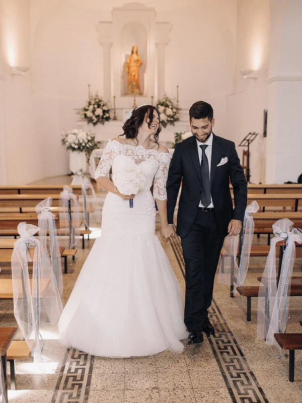 Luolandi Mermaid Appliqued Off-Shoulder Sweep Train Lace Wedding Dresses Elegant Bridal Gown