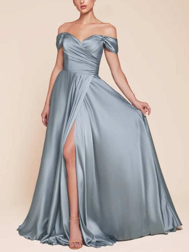 Luolandi Off-Shoulder Satin A-Line Bridesmaid Dress With Side Slit Elegant Evening Party Dress