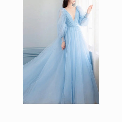 Luolandi Light Blue Long Sleeves V Neck Long Formal Dress A-Line Evening Dress Prom Dress