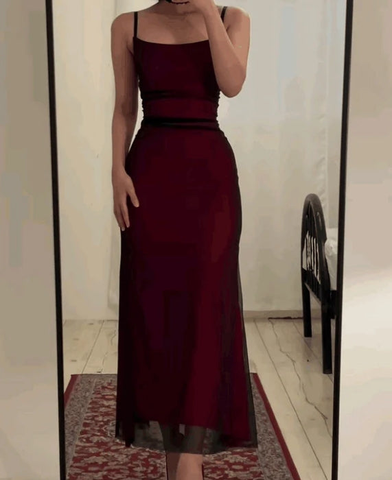 Luolandi Burgundy Spaghetti Straps Sheath Tulle Long Party Dress Evening Dress Formal Dress