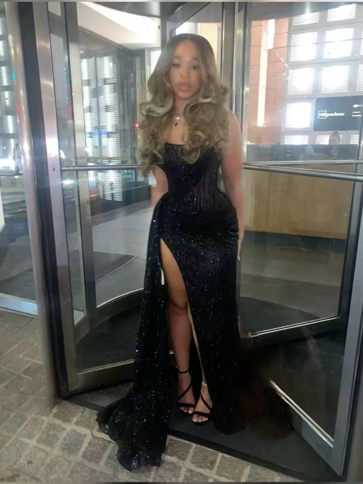 Luolandi Black Strapless Lace Sequins Black Girl Long Evening Party Dress With Slit Charming Prom Dress