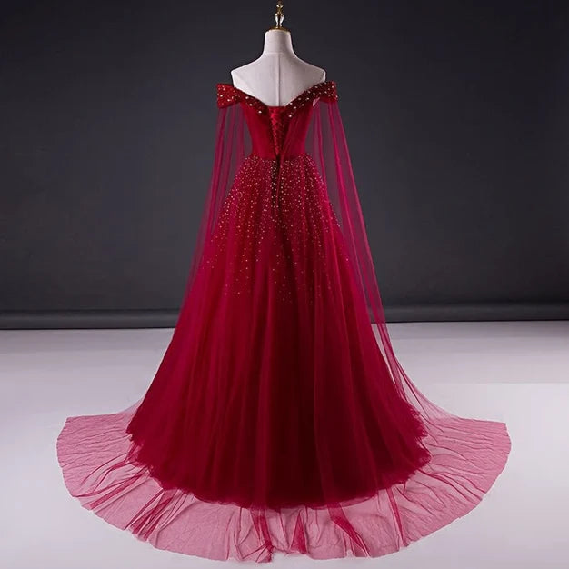 Luolandi Wine Red Tulle Beaded Tulle Sparkle Long Prom Dress Sweet 16 Gown Off Shoulder Elegant