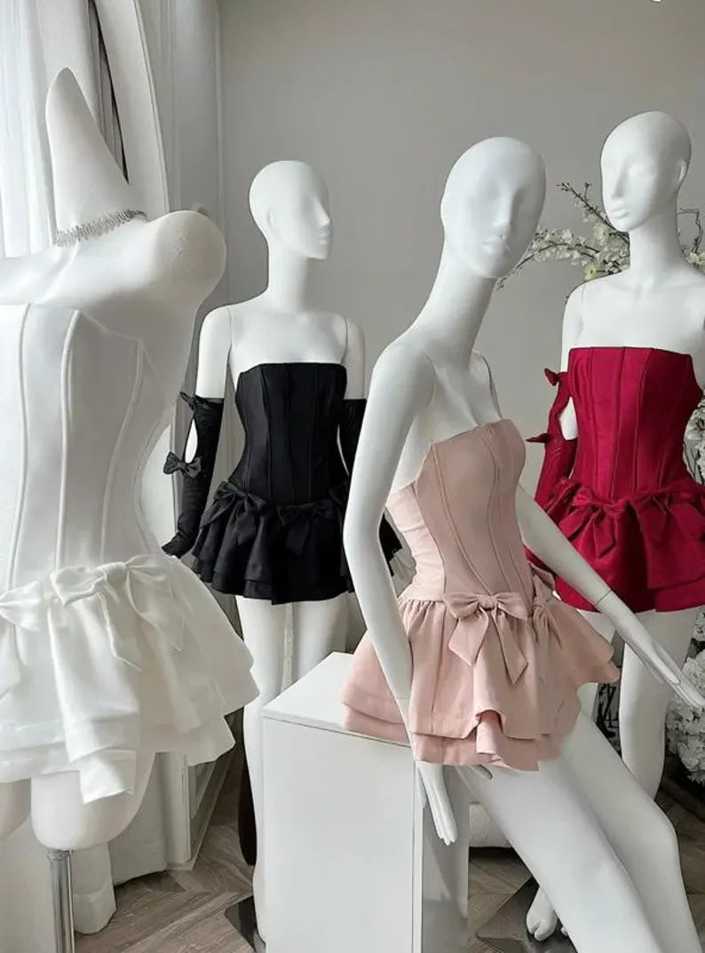 Luolandi Cute Strapless A-Line Ruffles Bowknot Homecoming Dress Lovely Birthday Outfits Short Party Dress No With Sleeves