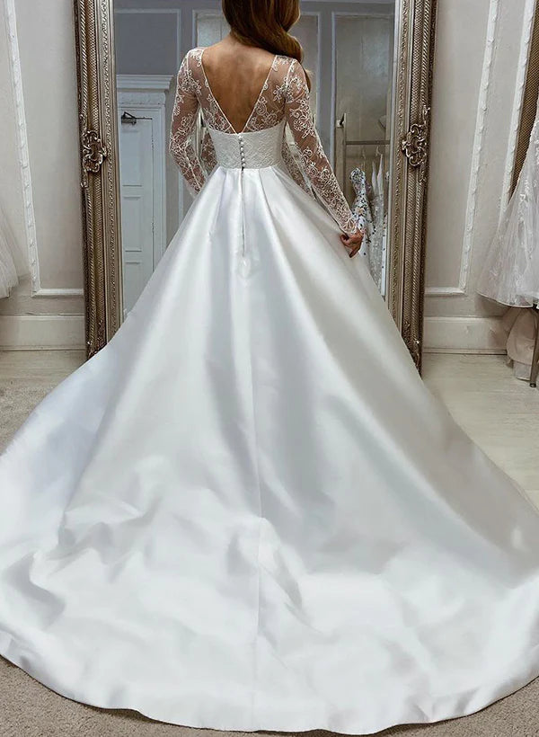 Luolandi Illusion Neck Long Sleeves Satin Wedding Dresses With Lace And Slit Floor Length Elegant