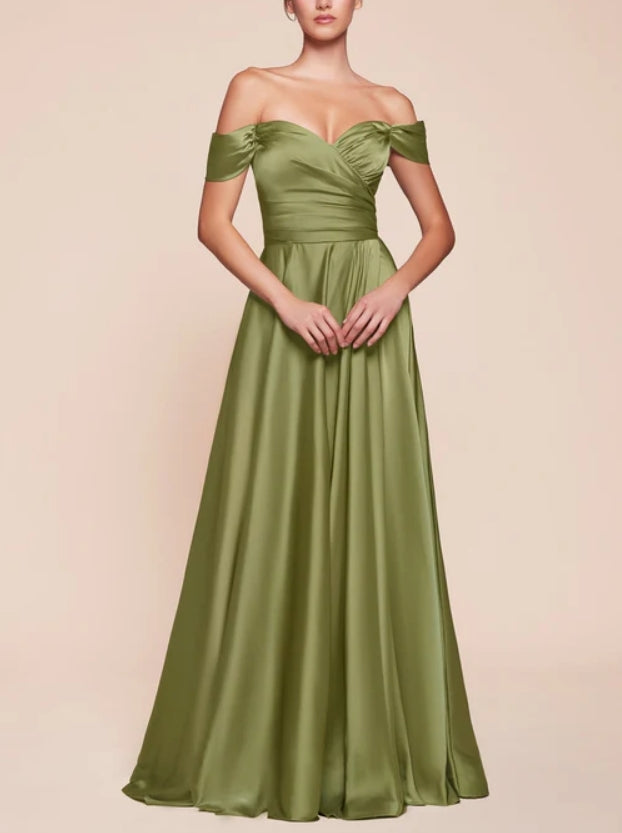 Luolandi Off-Shoulder Satin A-Line Bridesmaid Dress With Side Slit Elegant Evening Party Dress