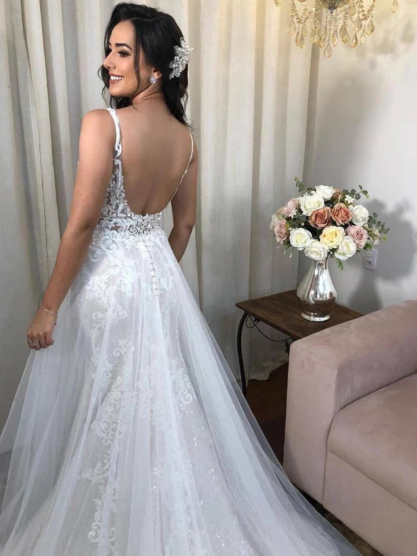 Luolandi Fabulous V-Neck Backless Appliques Tulle Mermaid Wedding Dresses Floor Length Beautiful