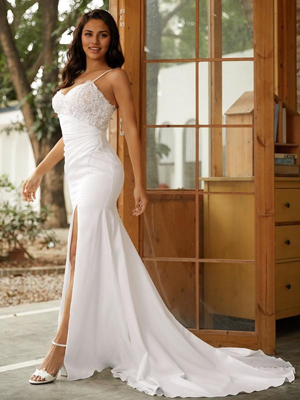 Luolandi Elegant Sheath/Column V-neck Sleeveless Sweep/Brush Train Wedding Dresses Charming Long Evening Dress With Slit