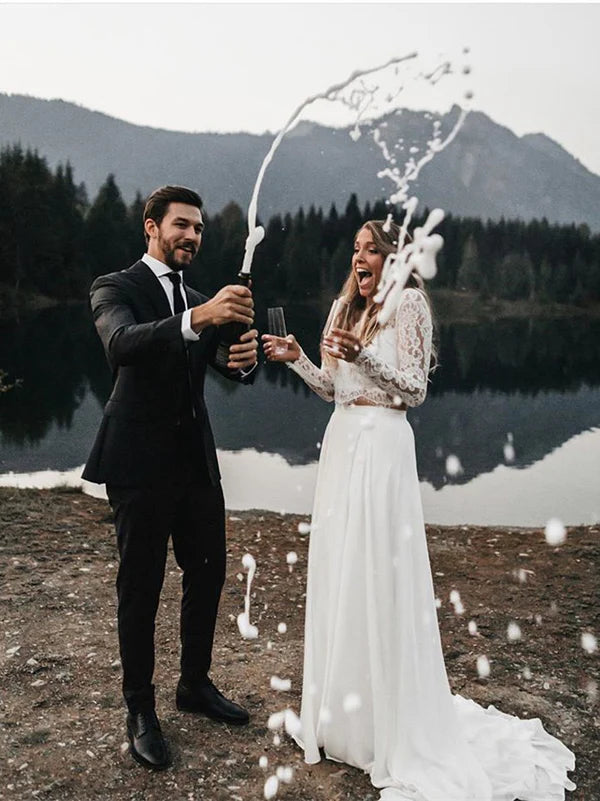 Luolandi Two Pieces Wedding Dresses Lace Long Sleeves A-line Bridal Gowns Elegant