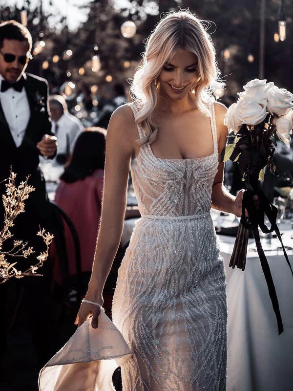 Luolandi Gorgeous Beaded Lace Spaghetti Straps Mermaid Chapel Train Wedding Dresses Elegant