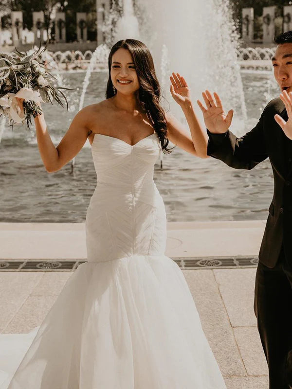 Luolandi Elegant Simple Tulle Strapless Mermaid Wedding Dresses Off Shoulder Bridal Gown Beautiful