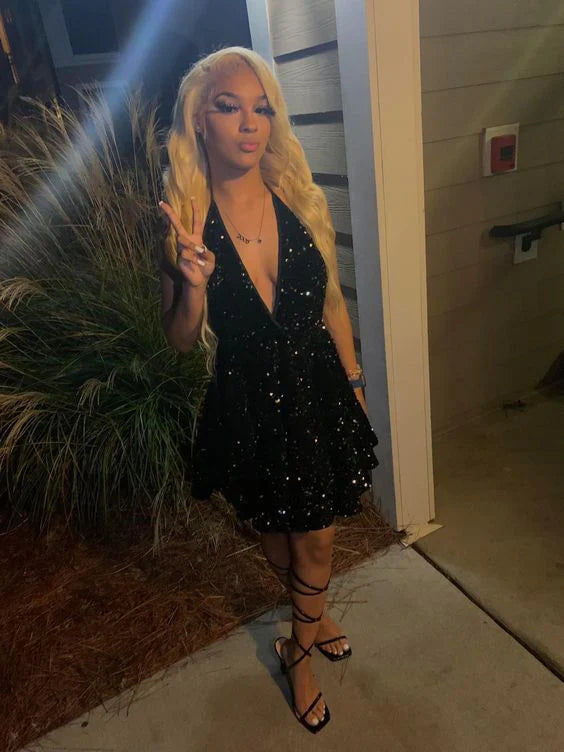 Luolandi Sexy Black Sparking V-neck Back Open Tiered Sequin Graduation Gown Short Party Homecoming Dress