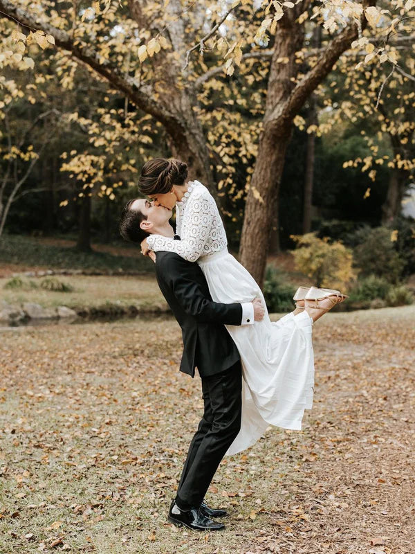 Luolandi Delicate Chiffon High Choker Illusion Long Sleeve A-line Bridal Gown Elegant Wedding Dress