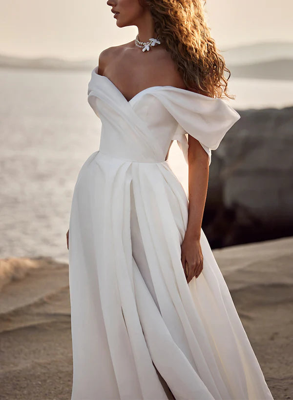 Luolandi Elegant Organza Wedding Dresses With Split Front Off Shoulder Floor Length Solid Color