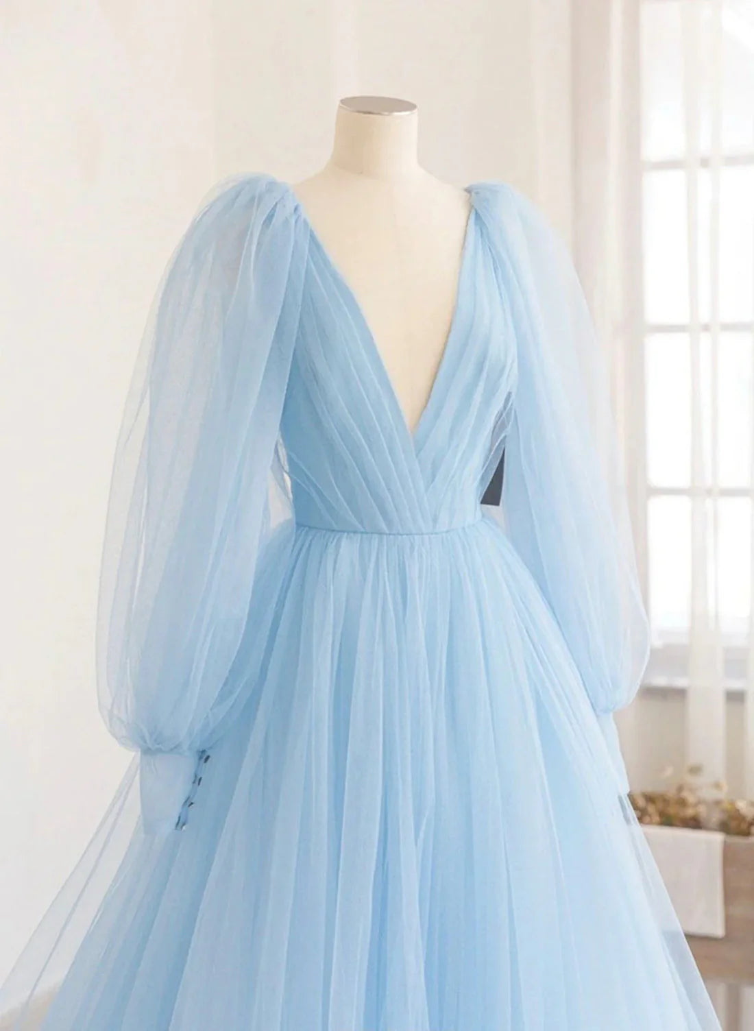 Luolandi Light Blue Long Sleeves V Neck Long Formal Dress A-Line Evening Dress Prom Dress