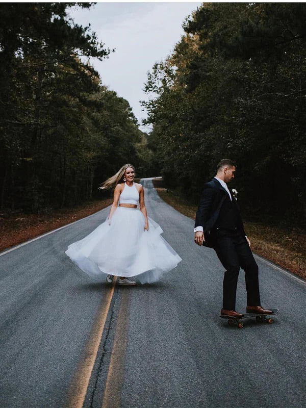 Luolandi Two Pieces Tulle Wedding Dresses A-line Halter Gowns Simple Bridal Gown